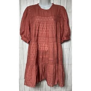 DOEN Nerine Pink Embroidered Pleated Eyelet Tiered Mini Dress Womens Size Large